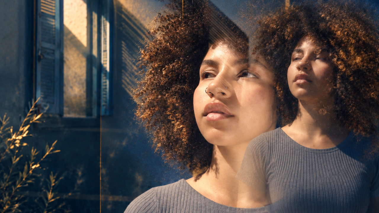 Woman reflected in a window with layered imagery, blue tones and warm golden light.
