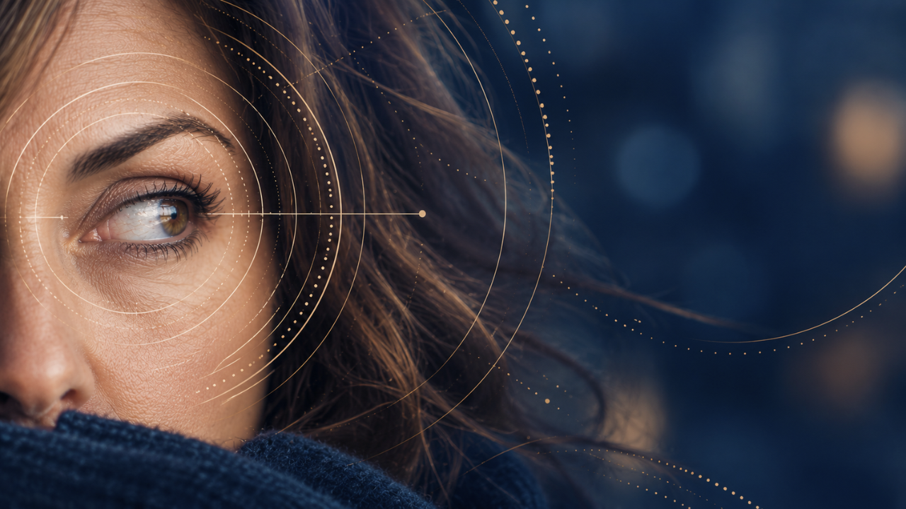 A woman looks to the side scanning and hyper aware. 