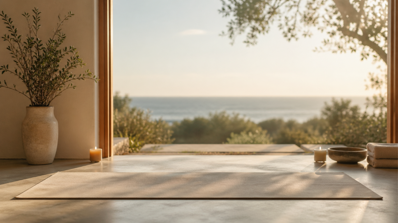 Espace de yoga lumineux et minimaliste ouvert sur la nature, propice au calme et à la présence
