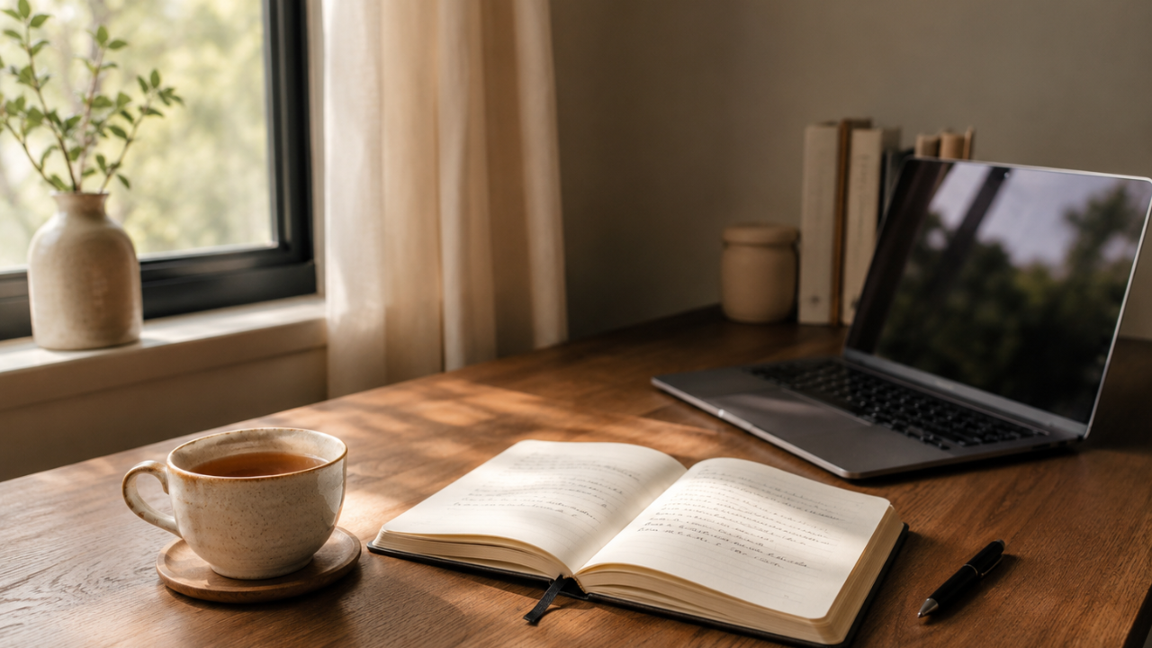 Un espace d’étude calme et lumineux, avec un carnet ouvert, une tasse de thé et un ordinateur posé sur une table en bois.