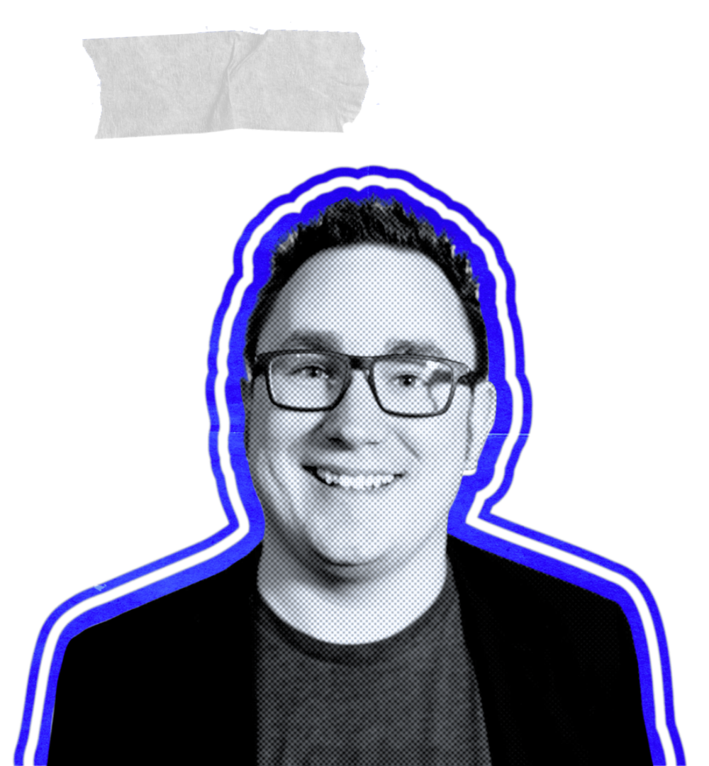 Shawn Buttner, halftone portrait with a taped corner
