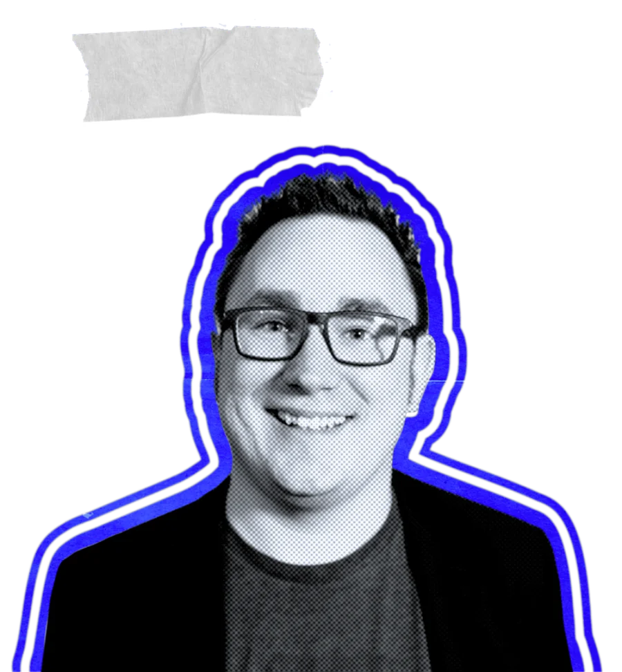 Shawn Buttner, halftone portrait with a taped corner