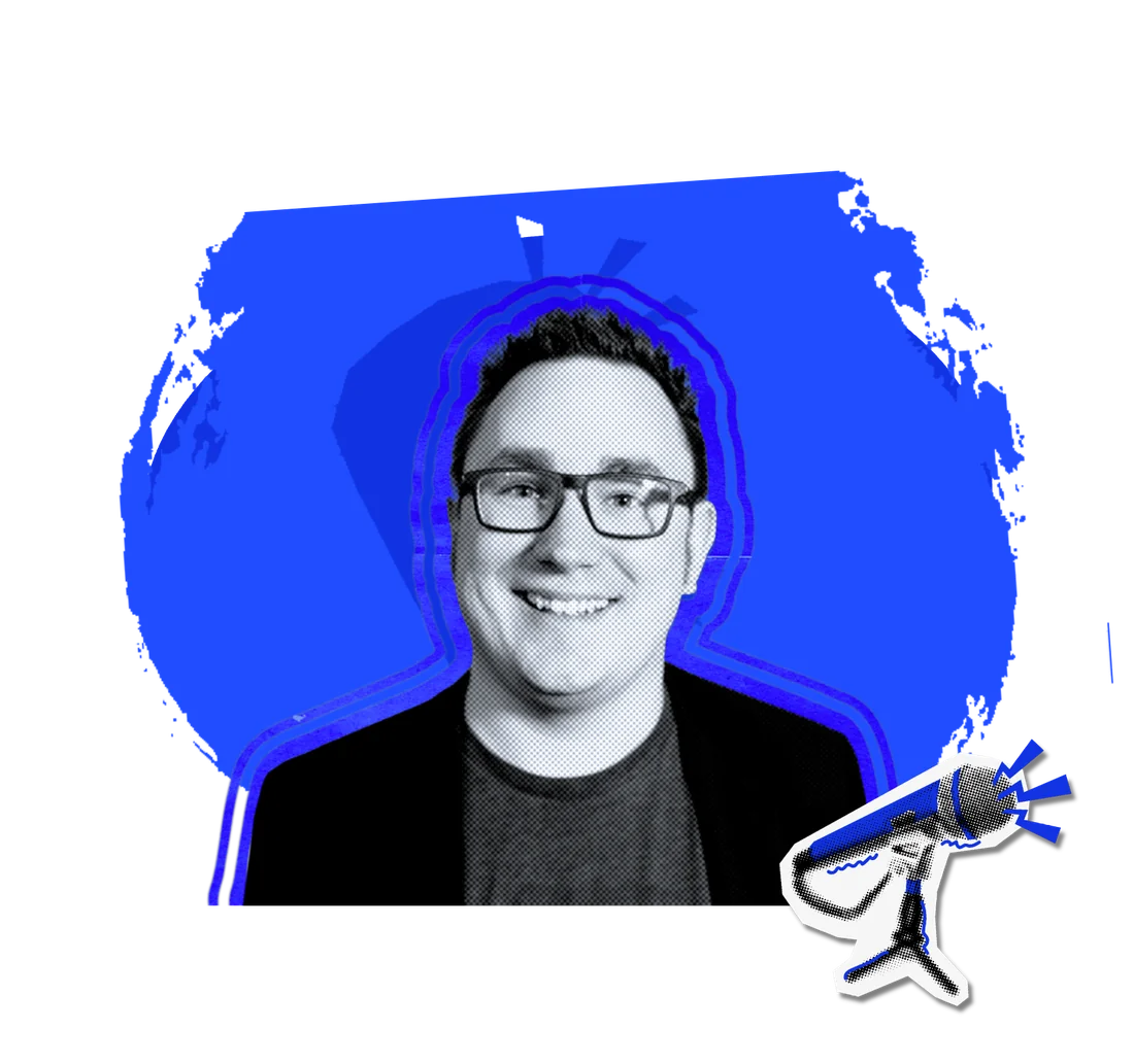 Shawn Buttner, halftone portrait on a blue splat, with a vintage microphone