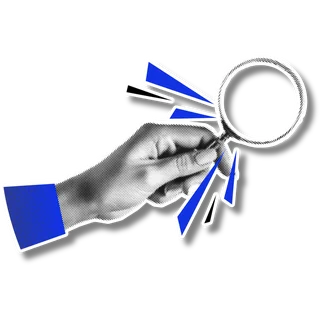Halftone sticker of a hand holding a magnifying glass
