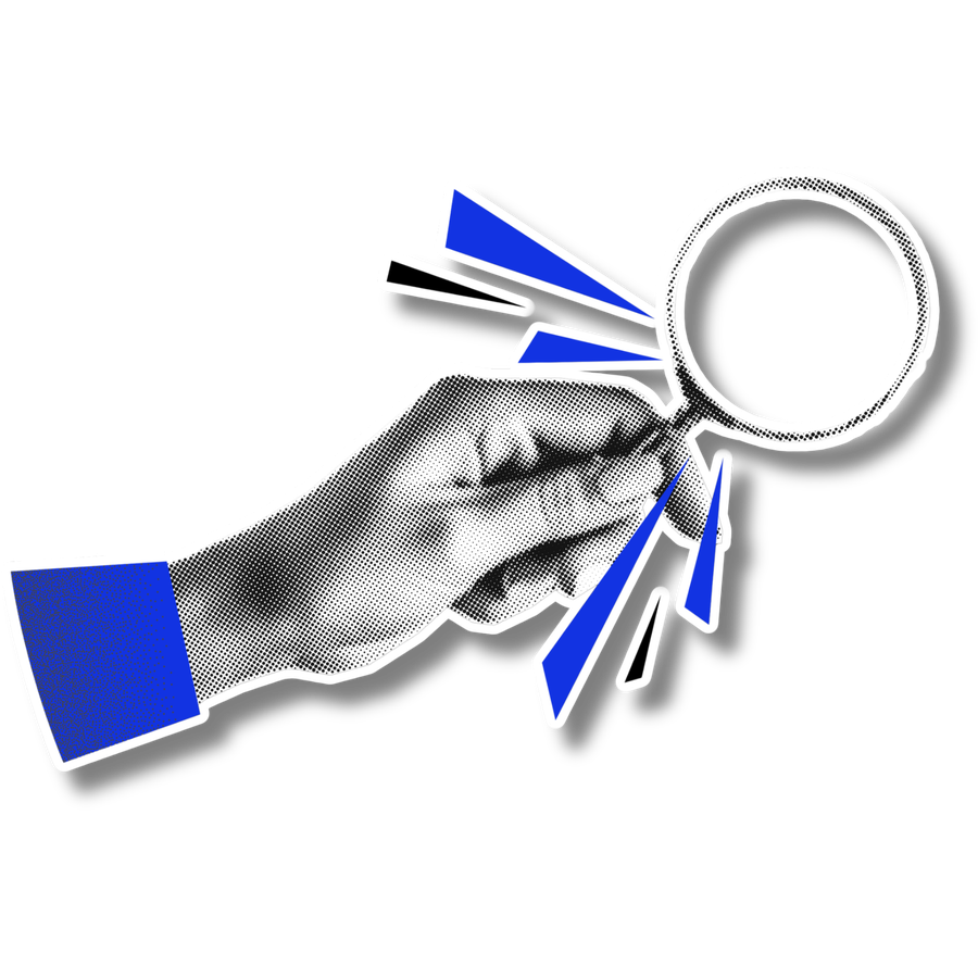 Halftone sticker of a hand holding a magnifying glass