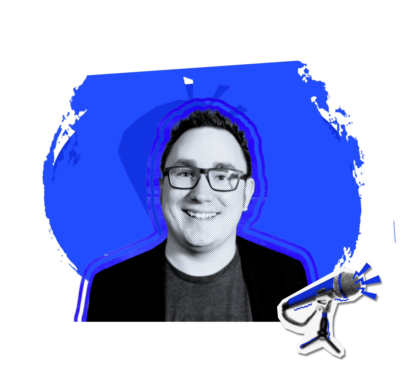 Shawn Buttner, halftone portrait on a blue splat, with a vintage microphone