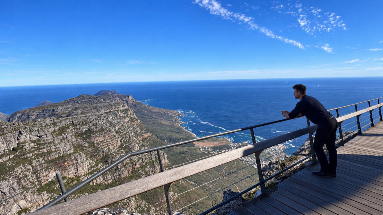 Jacque Visagie overlooking Cape Town's mountains and ocean in golden evening light