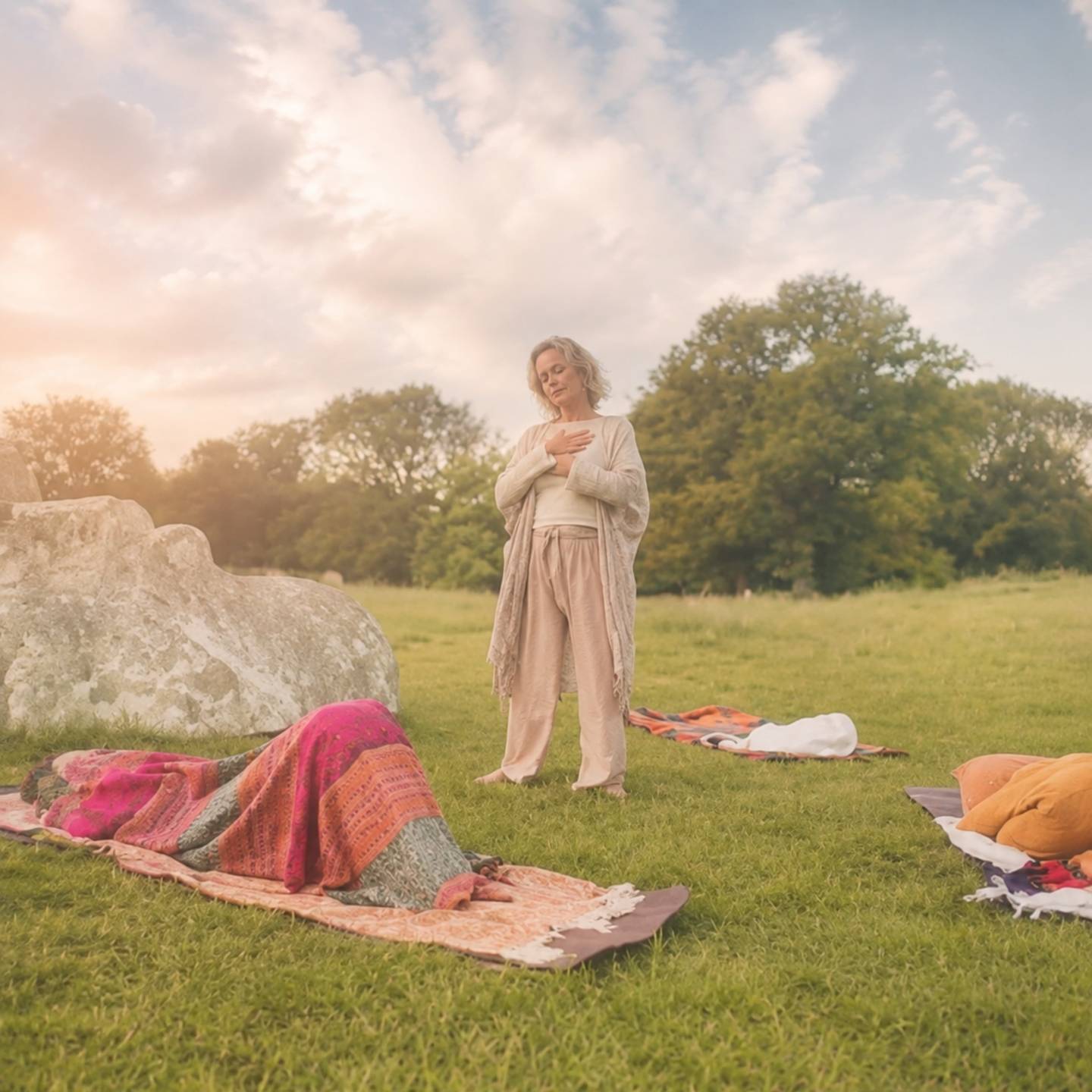 Dee guiding an outdoor breathwork session surrounded by nature