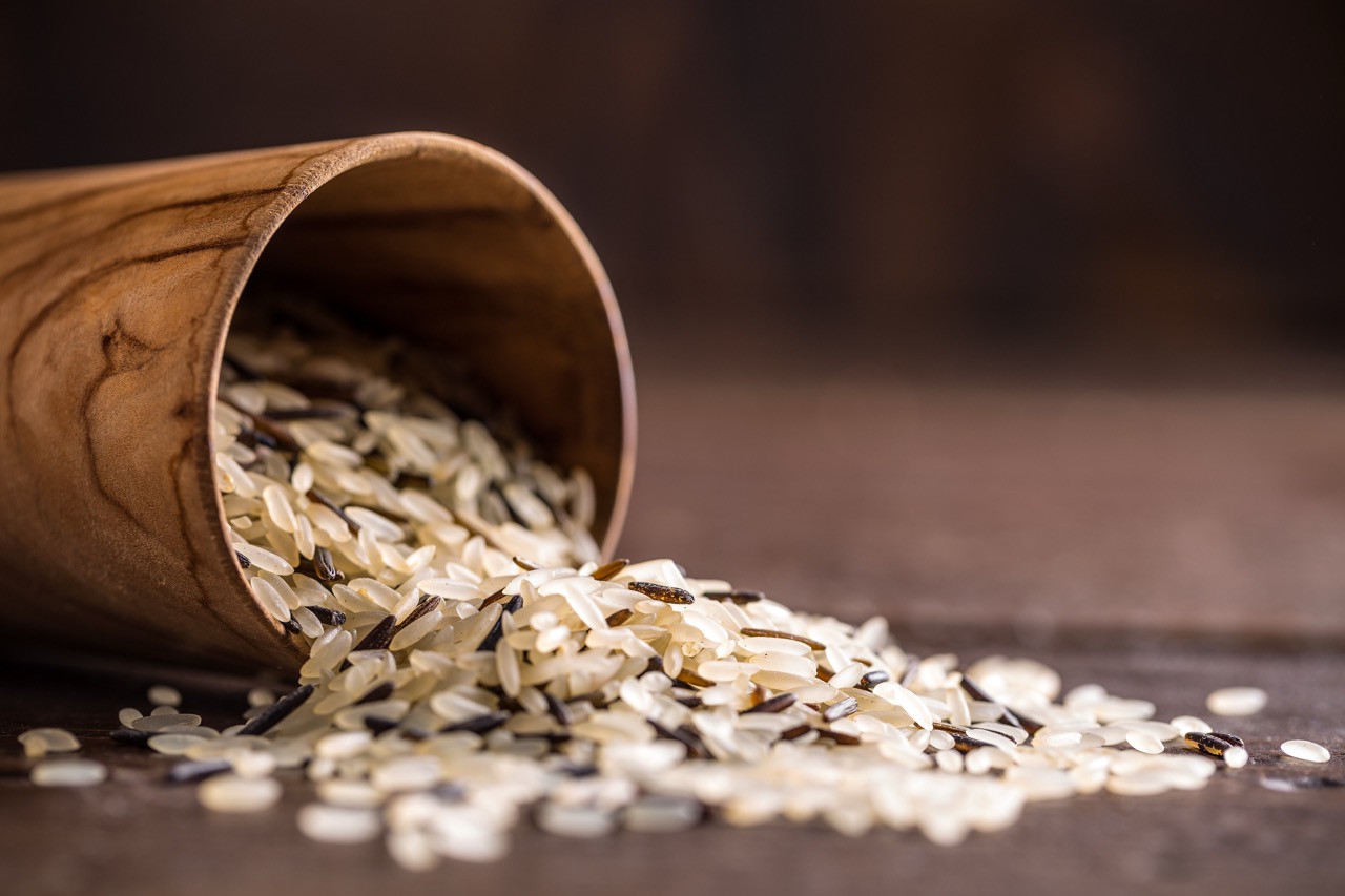 rice kernels on a wooden table
