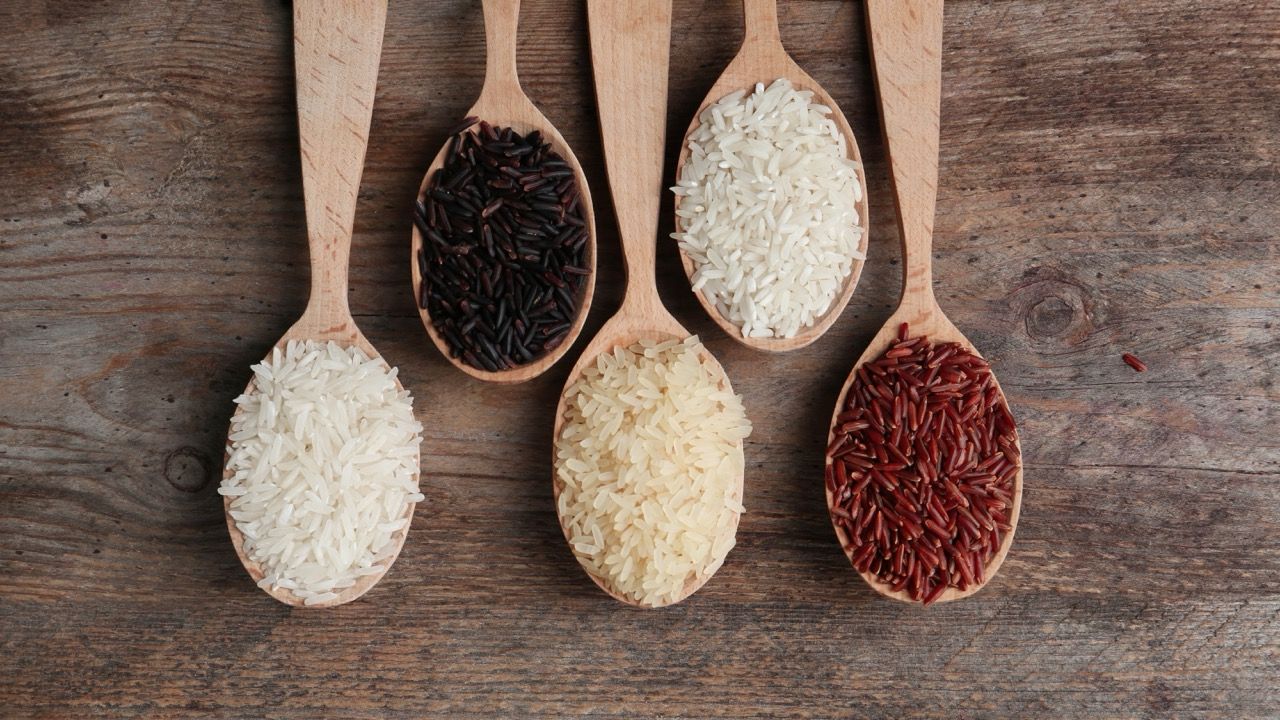 Different types of rice on wooden spoons