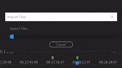 Module 2 preview: footage importing into Premiere Pro above a timeline with clip markers
