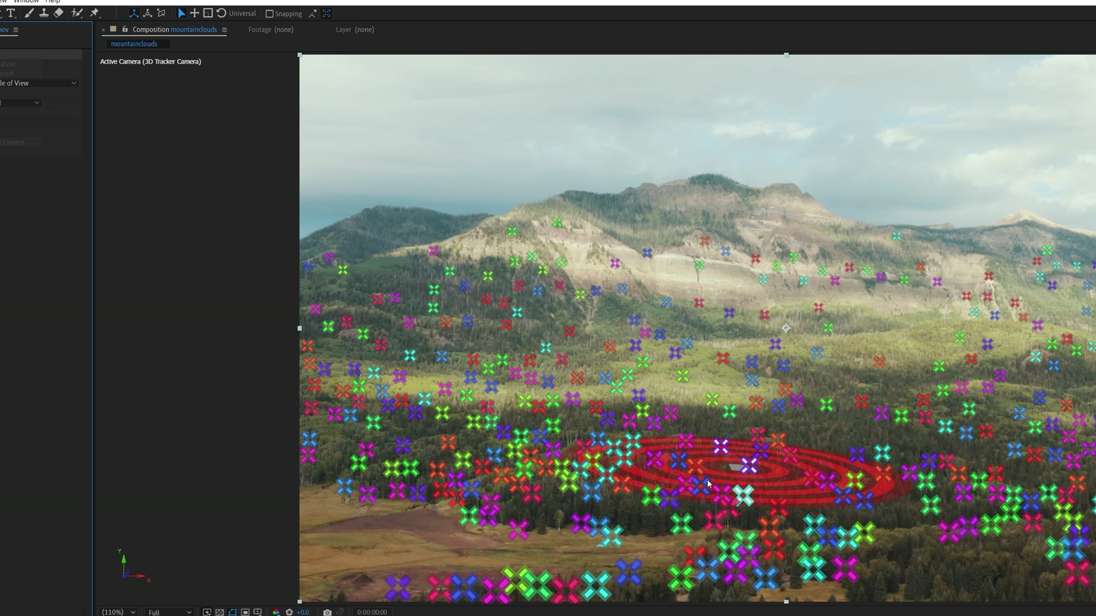 After Effects with the 3D Camera Tracker placing track points across a mountain valley