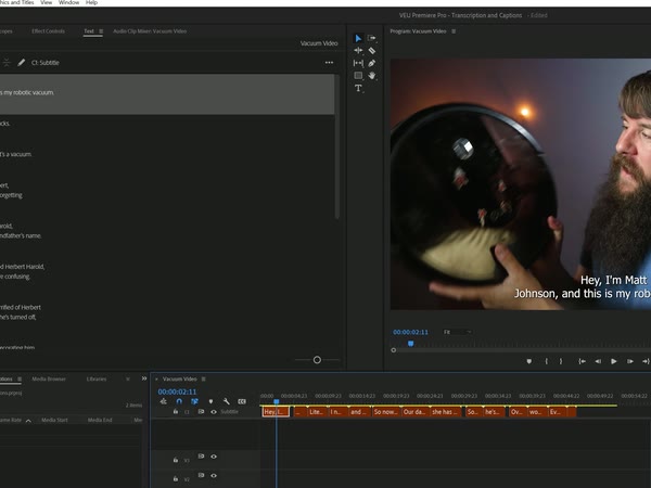 An AI-generated caption on the Program monitor