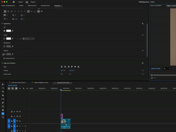 Text controls in the new Properties panel above the timeline