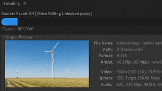 Module 5 preview: Adobe Media Encoder exporting a finished video at 4K 24fps, 100 Mbps H.264