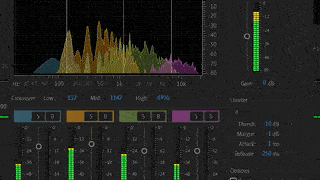 Module 3 preview: Premiere Pro's Multiband Compressor, with the four frequency bands and the limiter being adjusted over an audio spectrum
