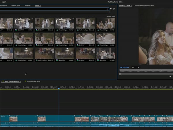 Media Intelligence search results for wedding clips in Premiere Pro