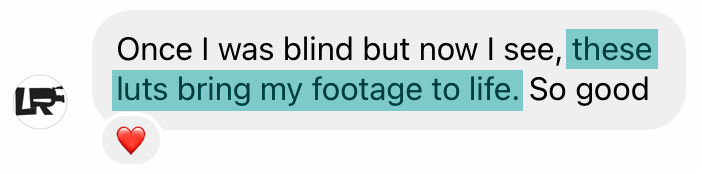 Customer message: Once I was blind but now I see, these LUTs bring my footage to life. So good