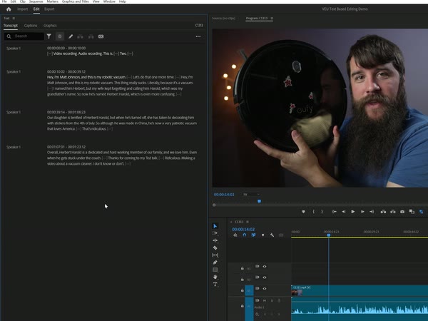The Text panel transcript beside the Program monitor