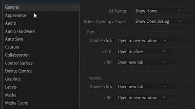 Module 1 preview: the General tab of Premiere Pro's Preferences, setting startup and project-opening behaviour