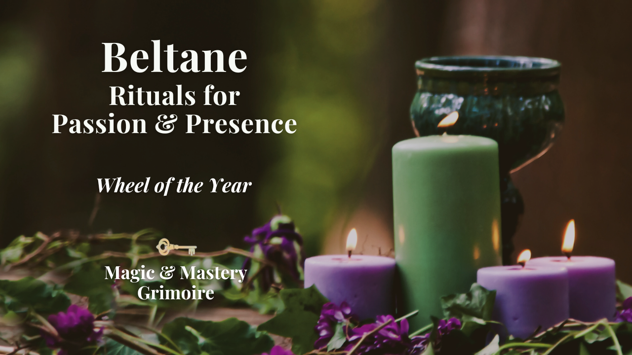 Green and lavender candles nestled among ivy and purple flowers — a Beltane altar on a dark, moody background.