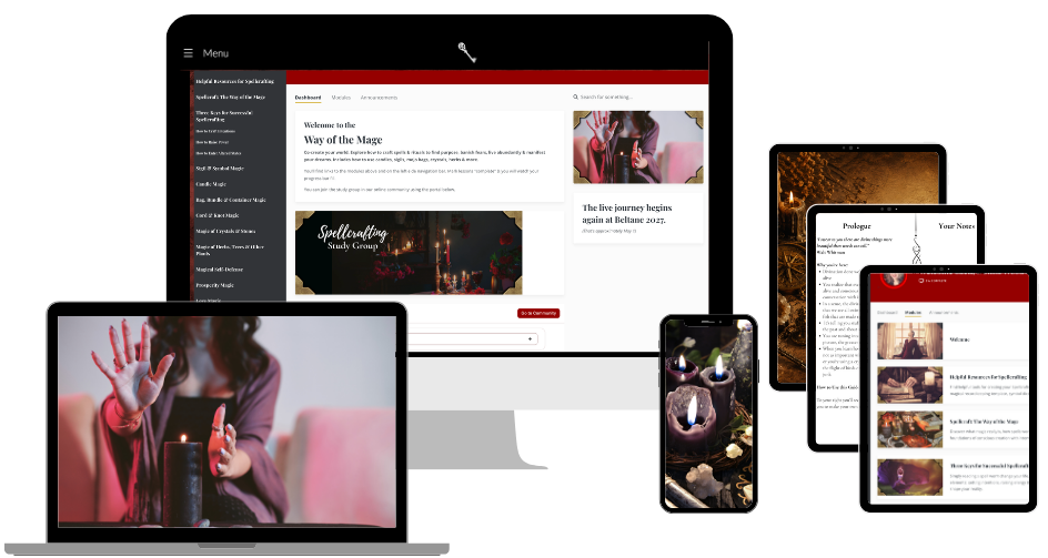 Way of the Mage online spellcraft course shown on desktop, laptop, tablet and mobile — learn magic anywhere with Donna Woodwell