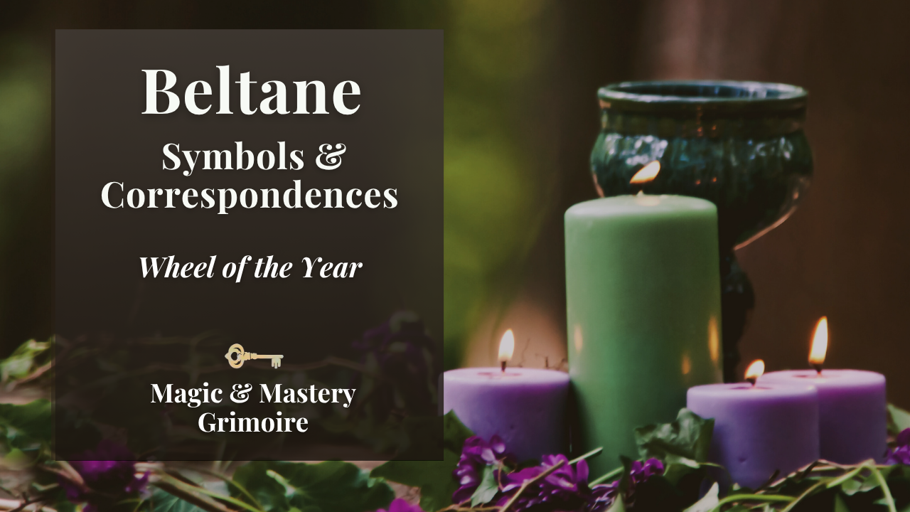 Beltane symbols and correspondences — green and lavender candles surrounded by ivy and purple flowers on a Beltane altar