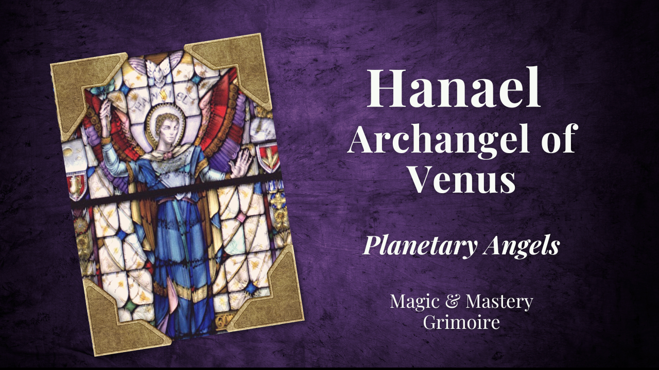 Stained glass window depicting the Archangel Hanael with colorful wings and halo, titled "Hanael, Archangel of Venus" from the Planetary Angels series by Magic & Mastery Grimoire