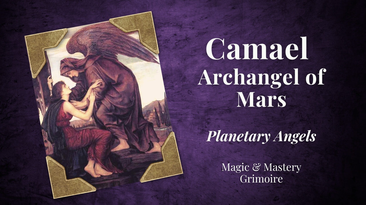 11:12 AMClaude responded: Victorian painting of a dark-winged angel in robes leaning over a kneeling figure, titled "Camael, Archangel of Mars" from the Planetary Angels series by Magic…Victorian painting of a dark-winged angel in robes leaning over a kneeling figure, titled "Camael, Archangel of Mars" from the Planetary Angels series by Magic & Mastery Grimoire