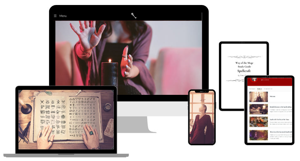 Way of the Mage online spellcraft course shown on desktop, laptop, tablet and mobile — learn magic anywhere with Donna Woodwell