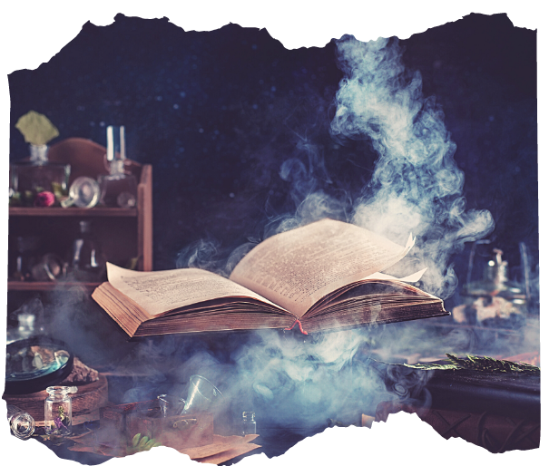 Ancient spell book floating open in a cloud of blue smoke surrounded by magical tools — spellcraft framework for Way of the Mage