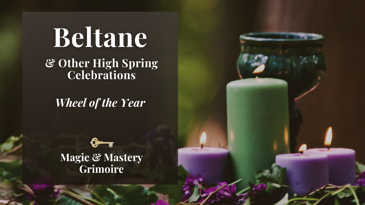 A cluster of green and lavender candles nestled among ivy vines and purple flowers on a dark, moody background.