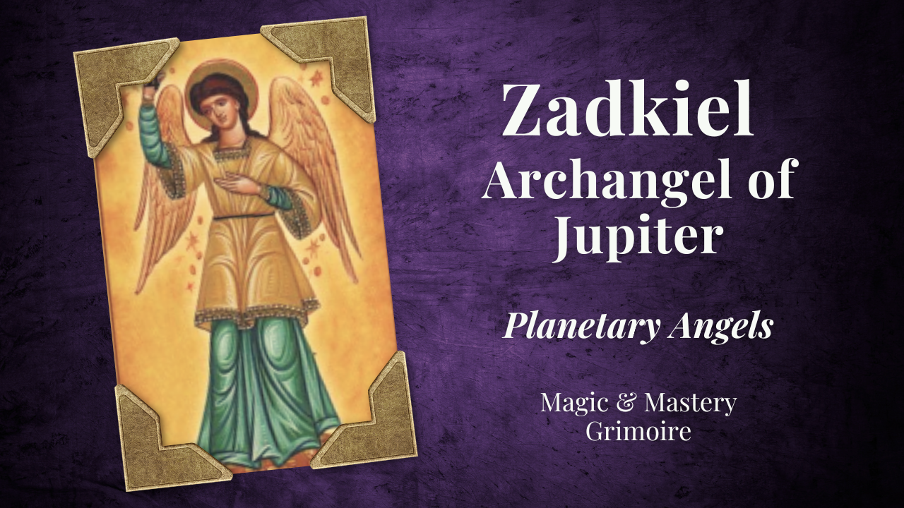 Byzantine-style icon of the Archangel Zadkiel in gold robes with wings and halo, titled "Zadkiel, Archangel of Jupiter" from the Planetary Angels series by Magic & Mastery Grimoire