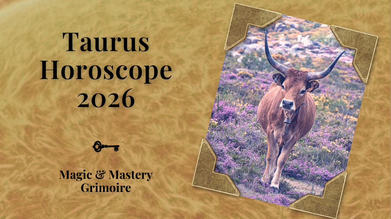 Taurus Horoscope 2026 — a bull standing in a field of purple wildflowers, framed in vintage gold corners. Magic & Mastery Grimoire.
