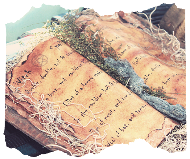 Aged handwritten grimoire pages with herbs and cord — spell tracking templates and Book of Shadows for Way of the Mage