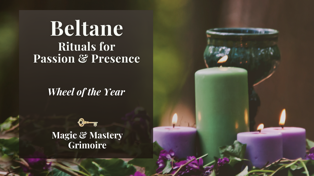 Green and lavender candles nestled among ivy and purple flowers — a Beltane altar on a dark, moody background.