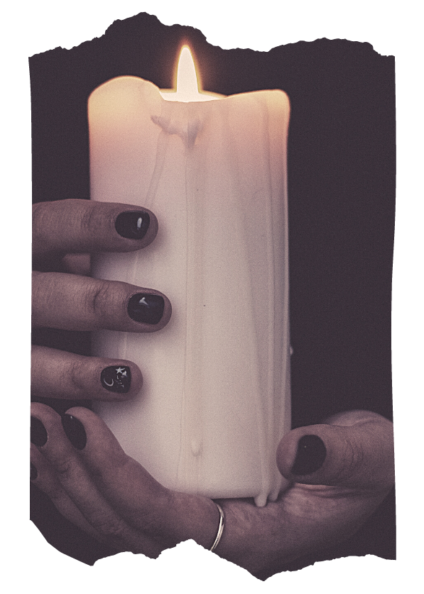 ands holding a lit white pillar candle — magical theory and candle spellcraft in Way of the Mage online course