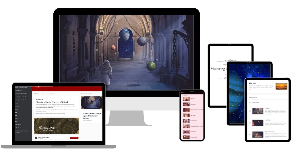 Planetary Magic: The Art of Ritual course content shown across desktop, laptop, tablet, and phone