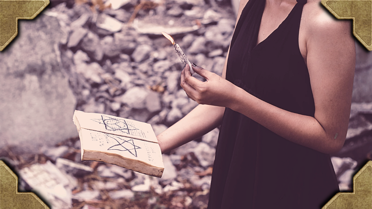 Woman in black holding a lit candle and an open book with pentagram symbols outdoors — wandering student learning spellcraft in Way of the Mage
