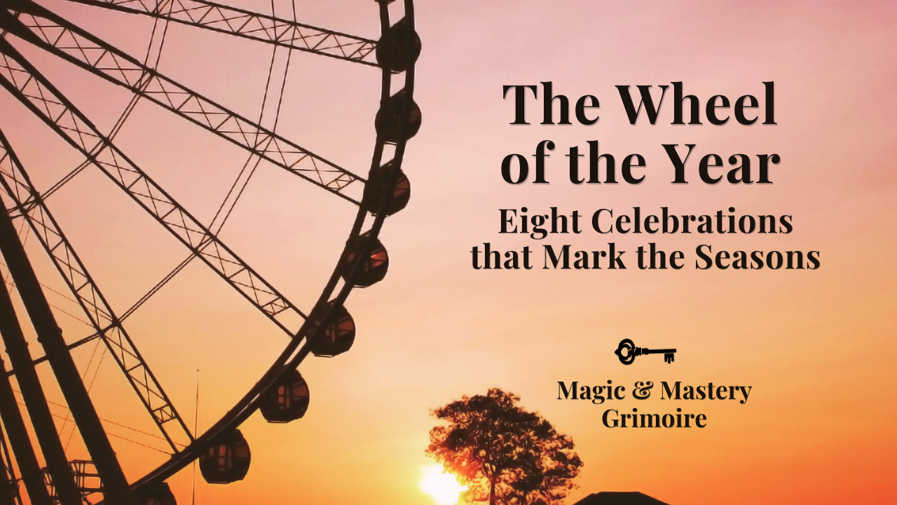 A Ferris wheel silhouetted against a vivid sunset, evoking the turning of the Wheel of the Year.