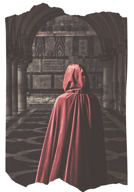 Hooded figure in a red cloak walking toward an ancient stone archway — the Adept archetype for experienced magical practitioners in Way of the Mage