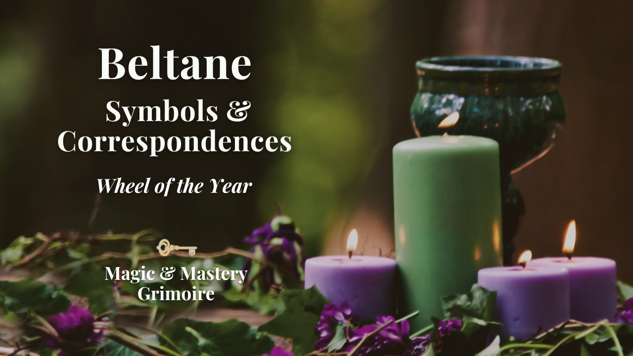 Beltane symbols and correspondences — green and lavender candles surrounded by ivy and purple flowers on a Beltane altar