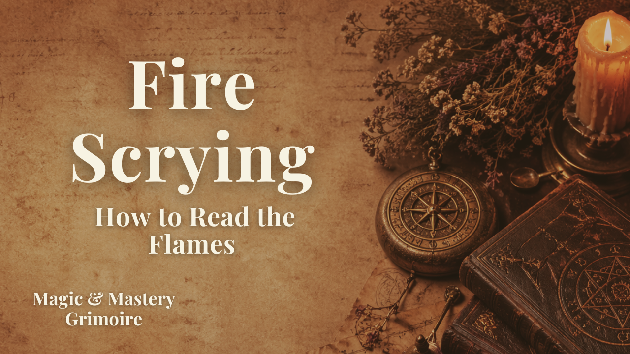 Parchment background with ritual objects including a compass, candle and spell books for a fire scrying blog post