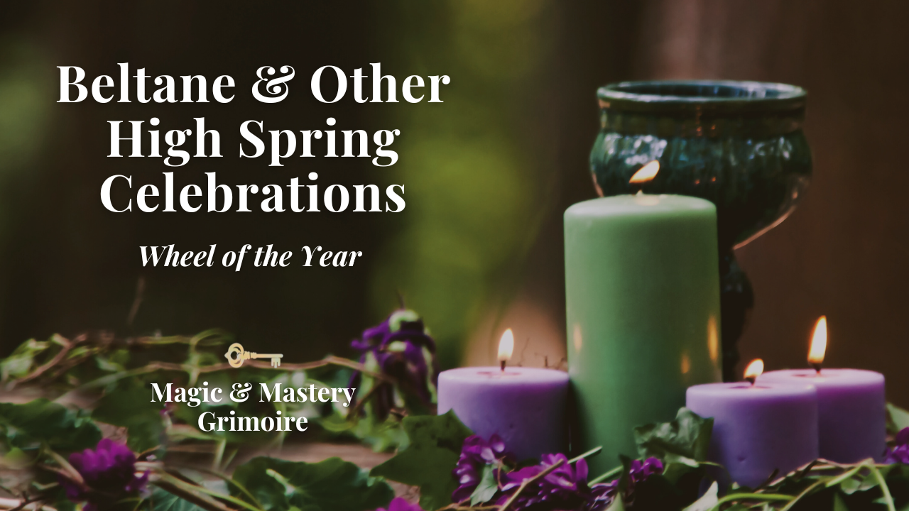 A cluster of green and lavender candles nestled among ivy vines and purple flowers on a dark, moody background.