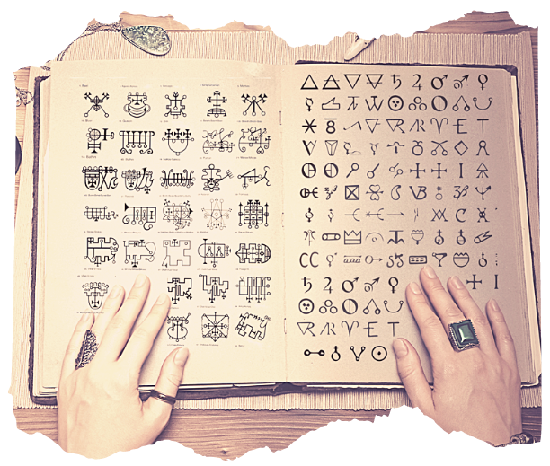 Hands reading an open book of magical sigils and occult symbols — spellcraft quizzes and symbol dictionary in Way of the Mage