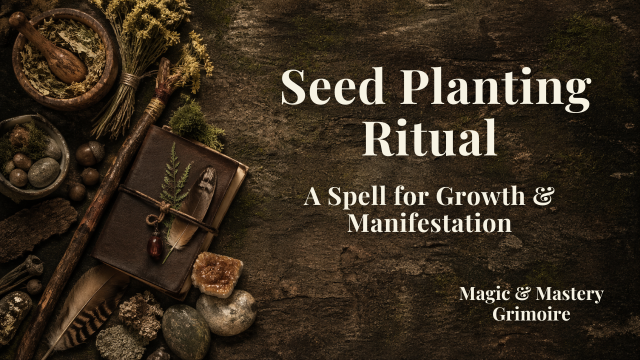 Earthy ritual objects including a leather journal, stones, dried herbs and a wooden staff on dark mossy wood for a seed planting ritual