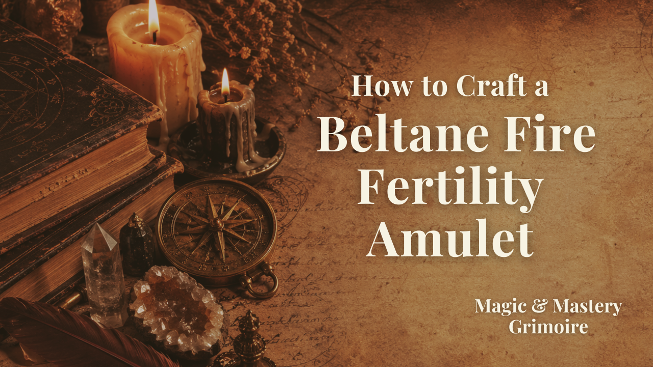 Candles, crystals and a compass on parchment for a Beltane fire fertility amulet ritual