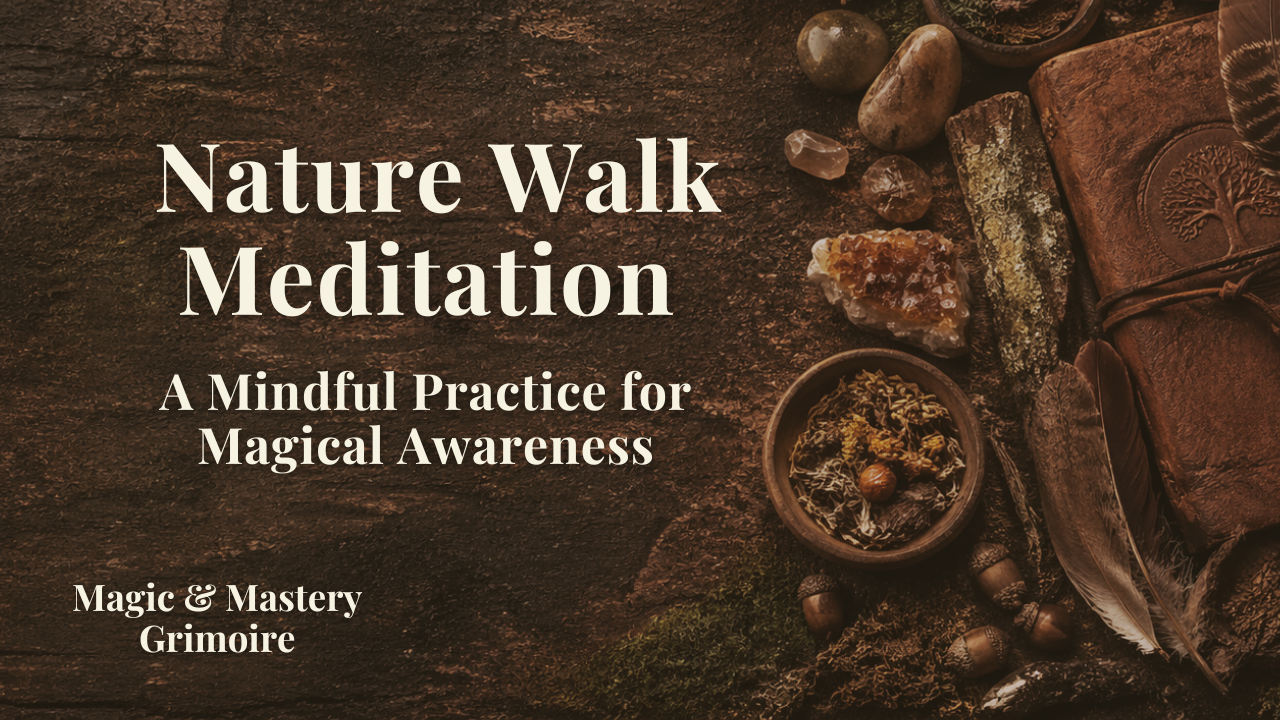 Earthy ritual objects including stones, crystals, dried herbs and a leather journal on dark wood for a nature walk meditation