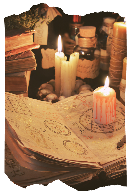 Open grimoire with magical sigils and symbols, surrounded by lit candles and apothecary bottles — Hermetic spellcraft tools for the Way of the Mage course
