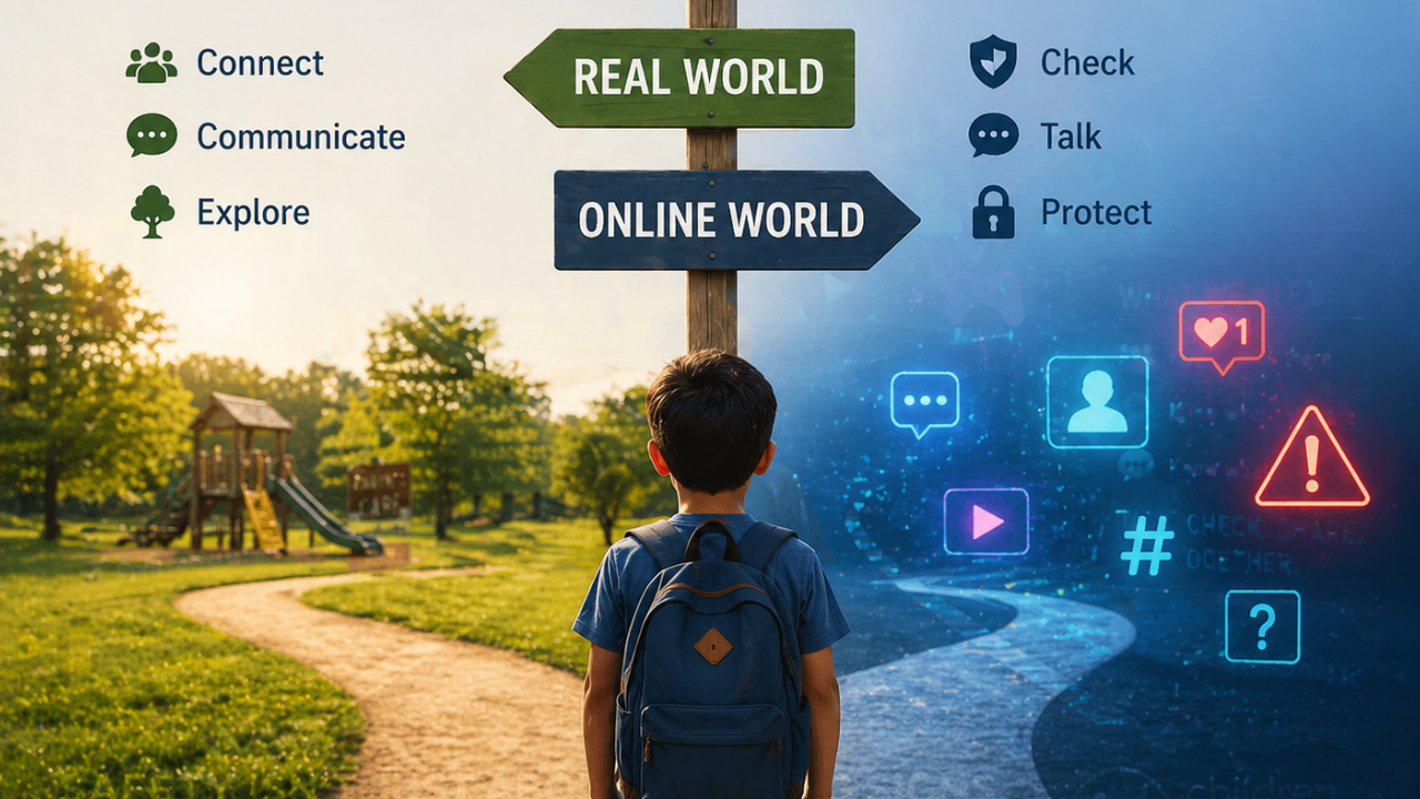 child with 2 playgrounds real world and online world
